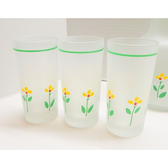 Libbey of Canada Frosted Beverage Carafe 6 Glasses Yellow Flower Telaflora 1985 - Picture 5 of 12